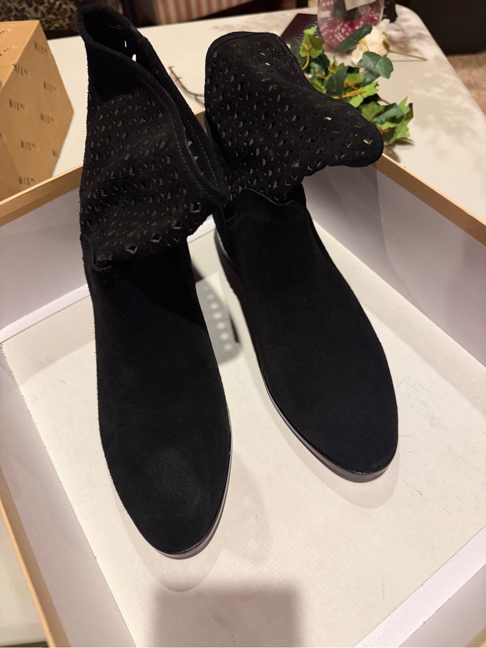 Michael Kors Black Suede Laser-Cut Foldover Ankle Boots